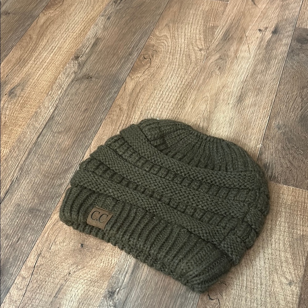 CC Olive Green Knit Beanie With Elastic ponytail hole